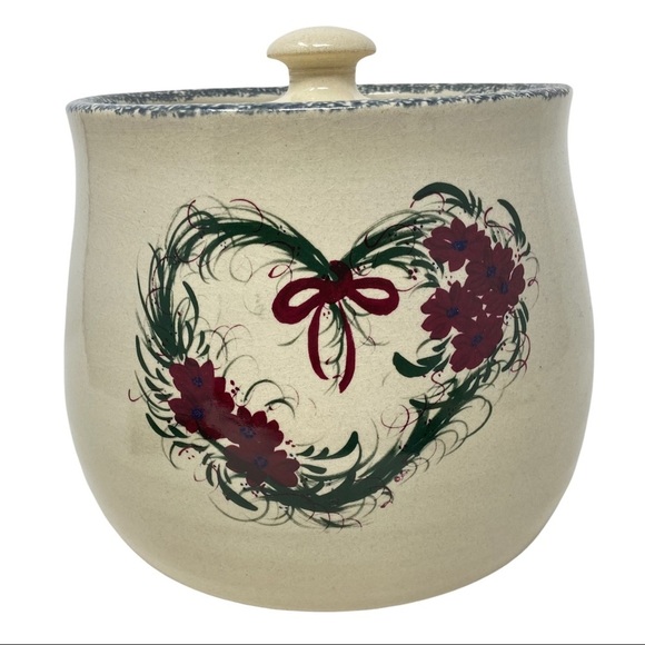Casey Pottery Burgundy Floral Heart Design Large Canister Vintage 1990s Handmade - Picture 6 of 6